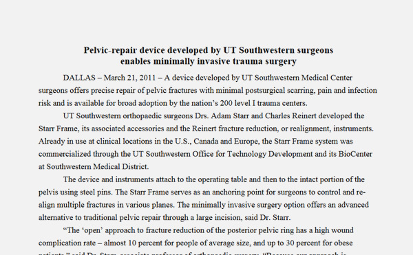 Pelvic-repair device developed by UT Southwestern surgeons enables minimally invasive trauma surgery
